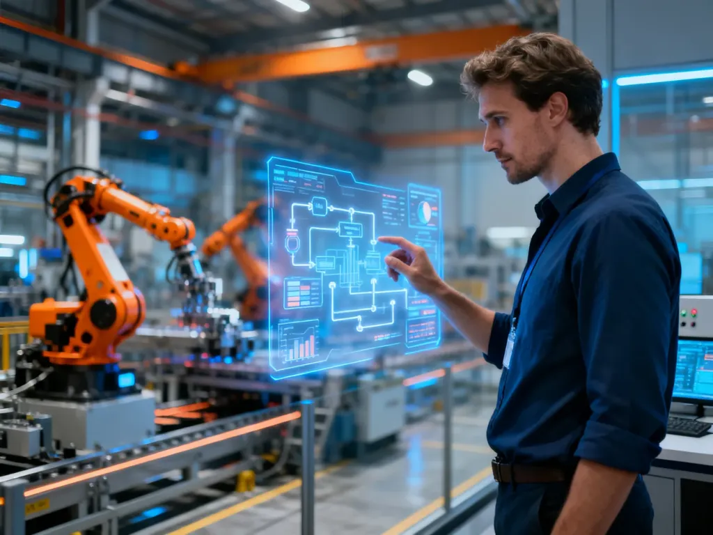 Inżynier obsługujący holograficzny interfejs systemu SCADA w nowoczesnej hali produkcyjnej z zautomatyzowanymi robotami.