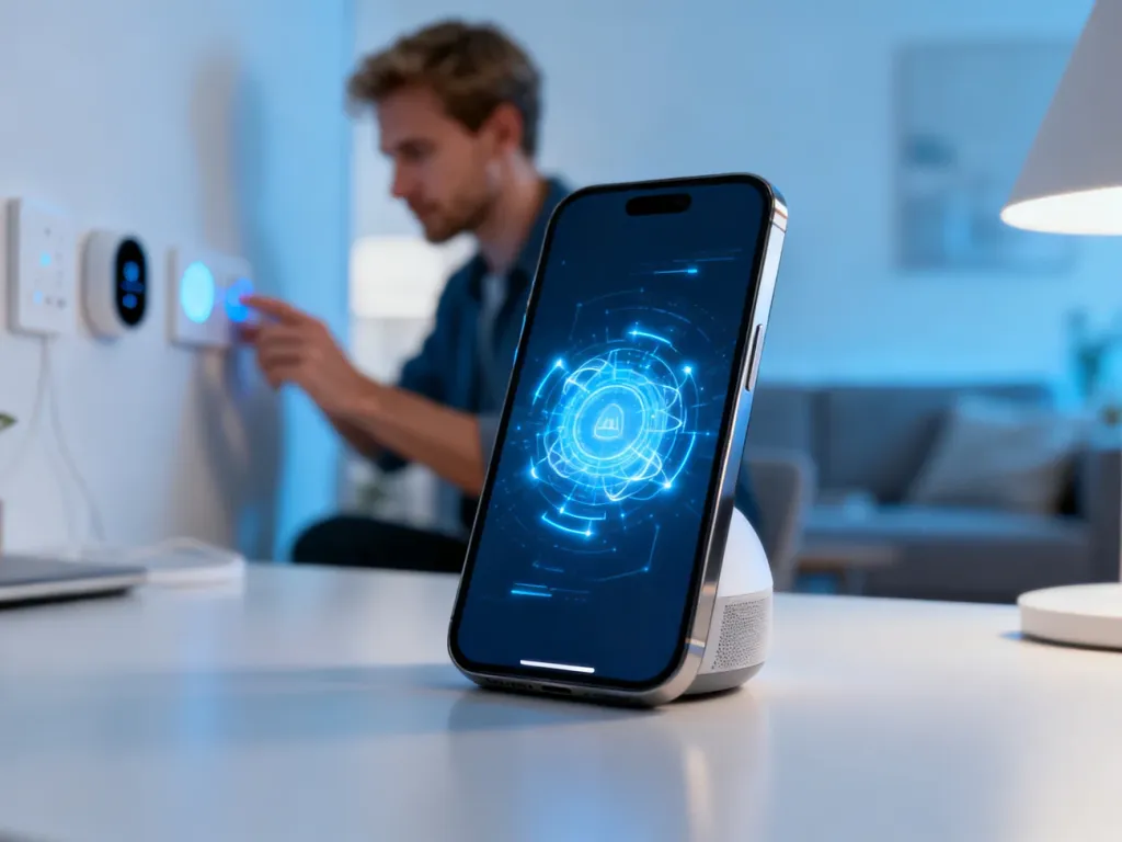 Nowoczesny smartfon z interfejsem asystenta głosowego na ekranie oraz mężczyzna sterujący inteligentnym domem w tle.