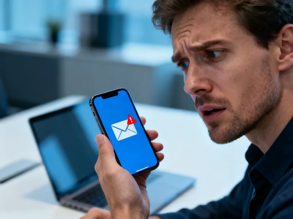 Mężczyzna zdezorientowany powiadomieniem e-mail na smartfonie, sugerującym ostrzeżenie przed wiadomością typu noreply.