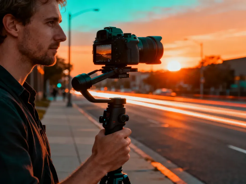 Operator z gimbalem i aparatem na tle rozmytego, dynamicznego ruchu ulicznego podczas tworzenia filmu hyperlapse.