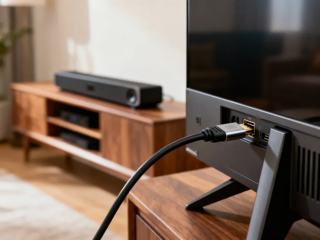 Kabel HDMI podłączany do telewizora w nowoczesnym salonie z zestawem kina domowego w tle.