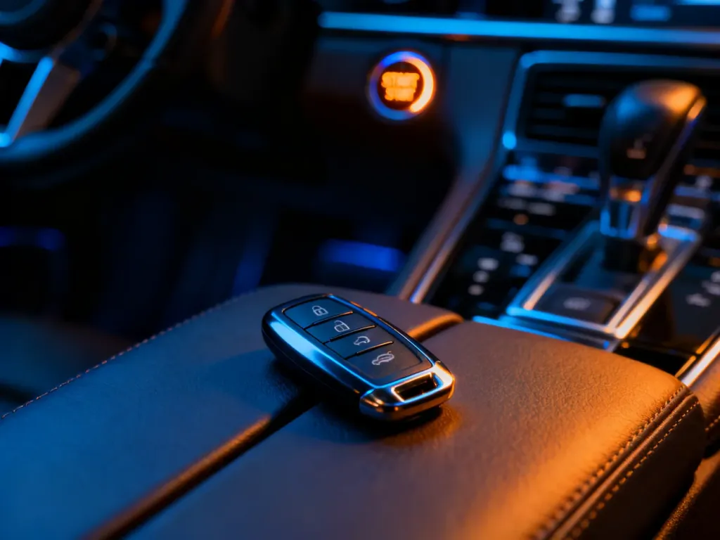 Nowoczesny kluczyk typu keyless leżący na skórzanej konsoli samochodu z widocznym przyciskiem start-stop w tle.