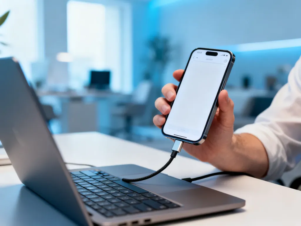 Osoba podłączająca smartfon kablem USB-C do laptopa w celu przeprowadzenia zaawansowanej konfiguracji technicznej.