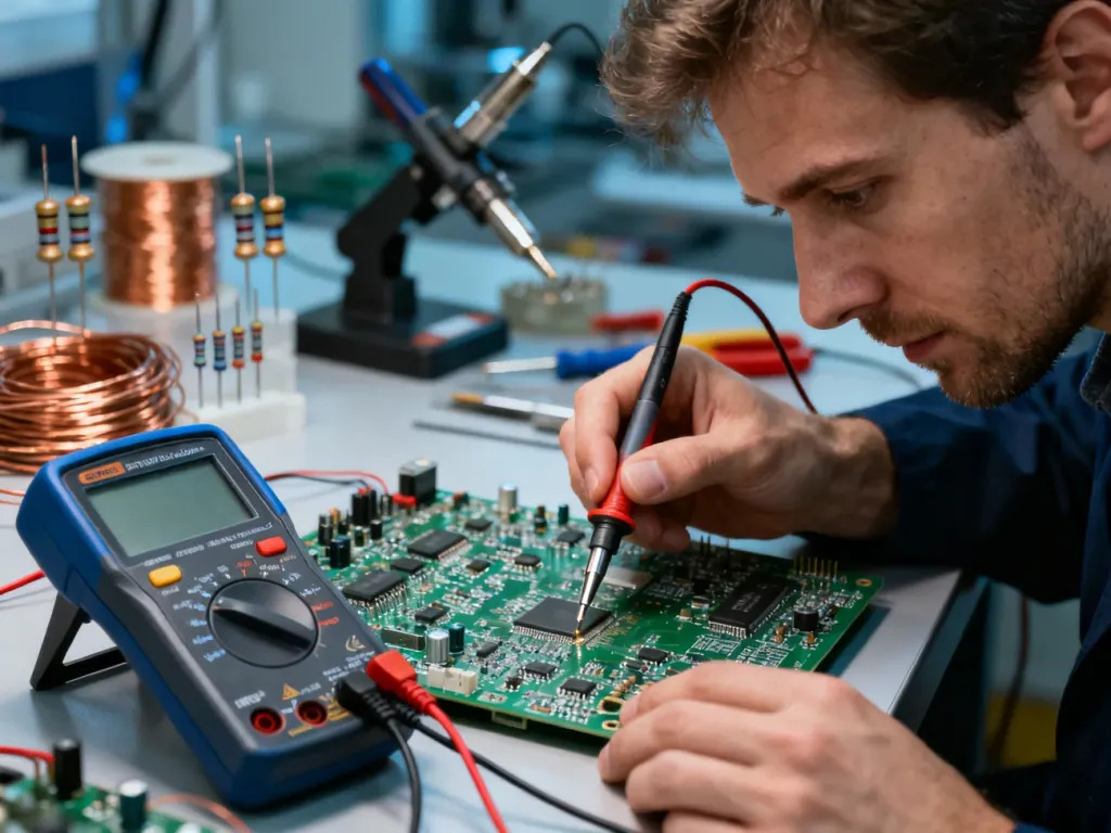 Specjalista mierzy rezystancję na płytce elektronicznej za pomocą multimetru cyfrowego w profesjonalnym warsztacie.