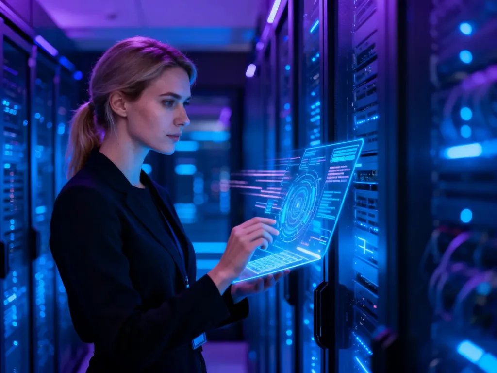 Specjalistka ds. cyberbezpieczeństwa analizująca dane na holograficznym interfejsie w nowoczesnej serwerowni.
