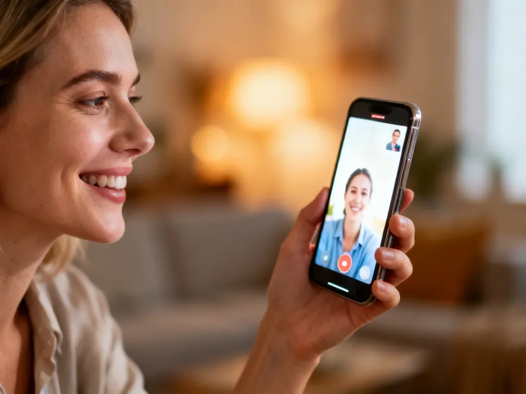 Uśmiechnięta kobieta prowadząca rozmowę wideo na smartfonie w przytulnym salonie.