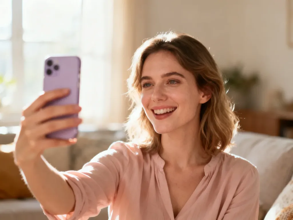 Kobieta robiąca spontaniczne selfie smartfonem w przytulnym salonie, ilustrująca działanie aplikacji BeReal.