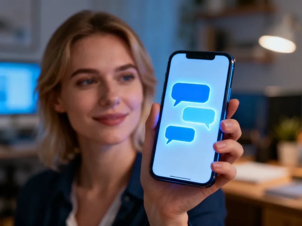 Kobieta trzymająca smartfon z widocznymi ikonami niebieskich dymków czatu, symbolizującymi komunikację w iMessage.